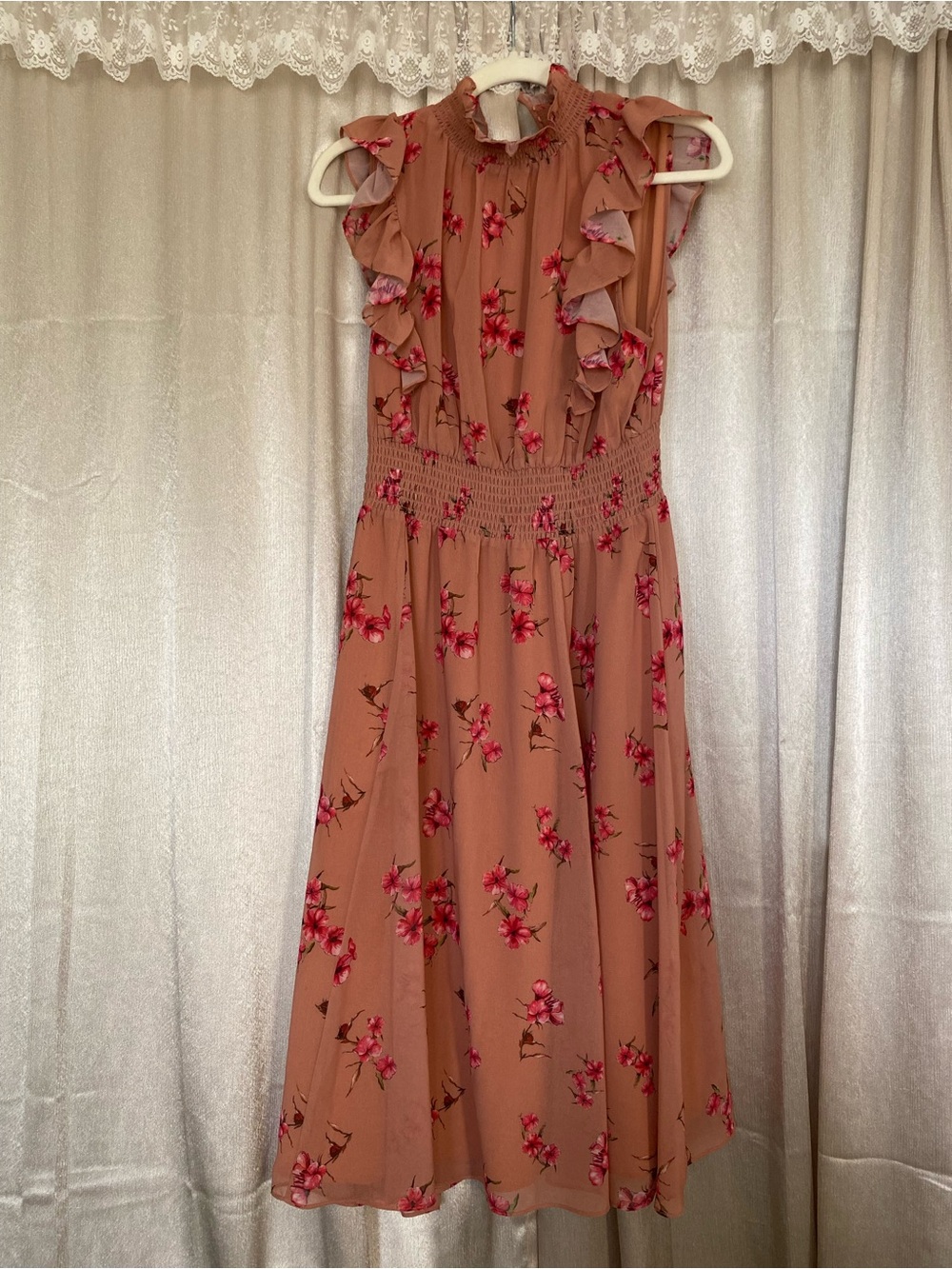 Alexa Admor Size 6 Floral Midi Dress Ruffle Smocked Waist Dusty Rose
